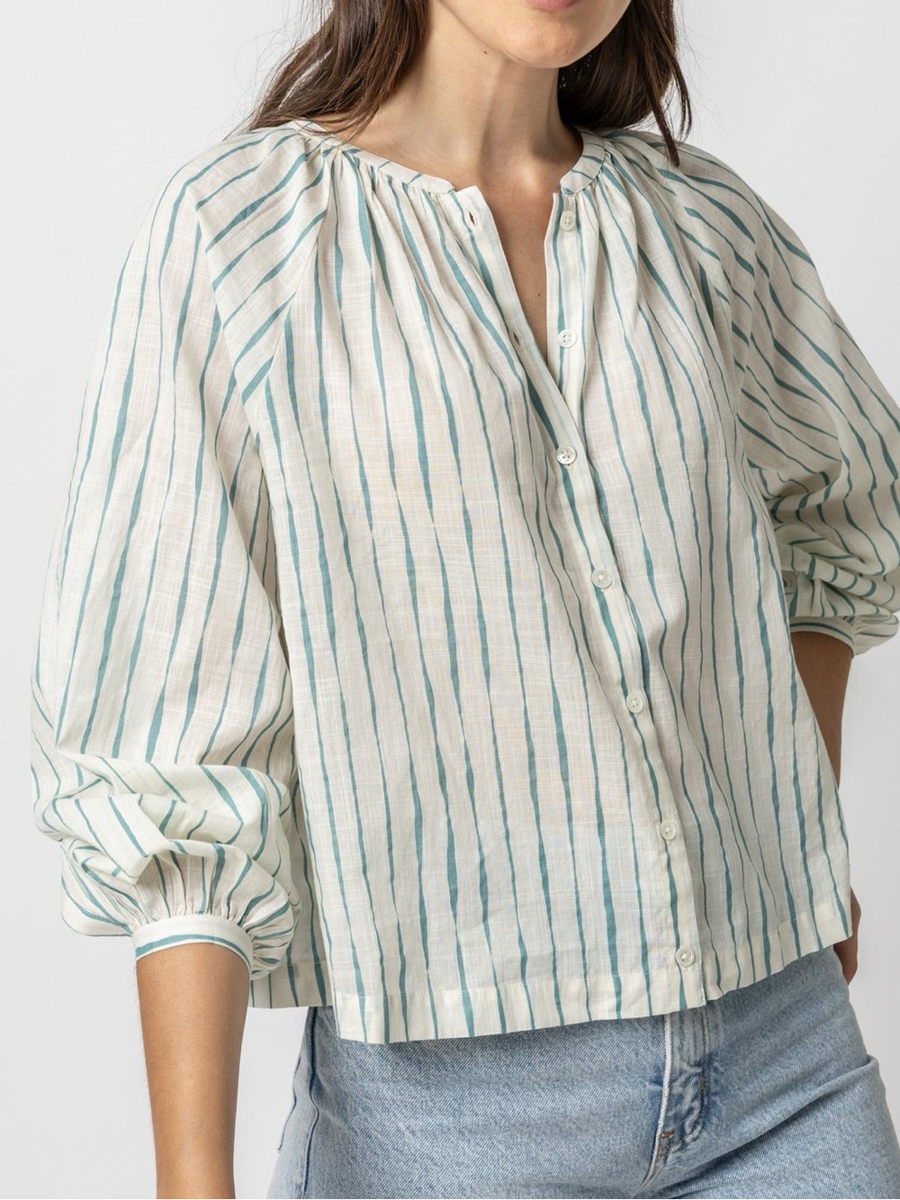 Lilla P Striped Button-Front Raglan Sleeve Peasant Blouse